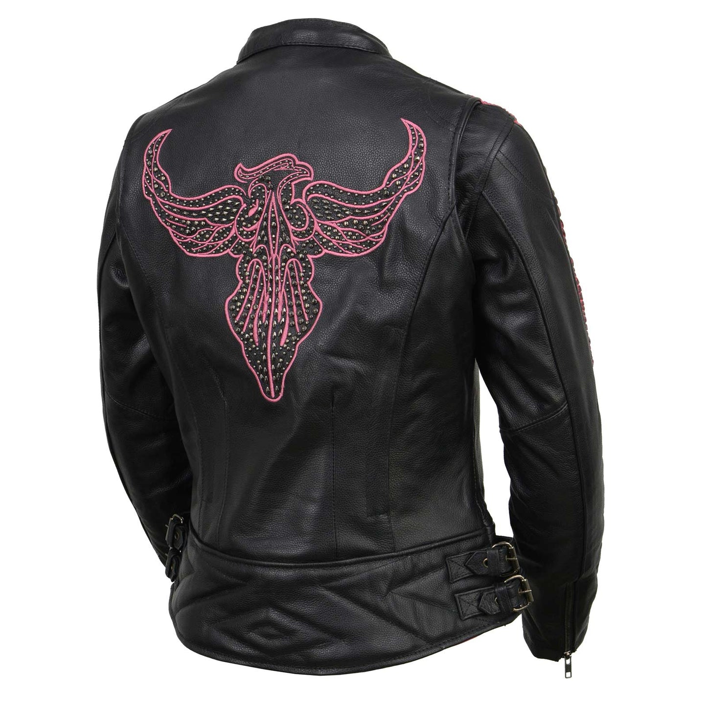 Milwaukee Leather MLL2570 Women's 'Phoenix Embroidered' Black and Fuchsia Pink Leather Motorcycle Jacket
