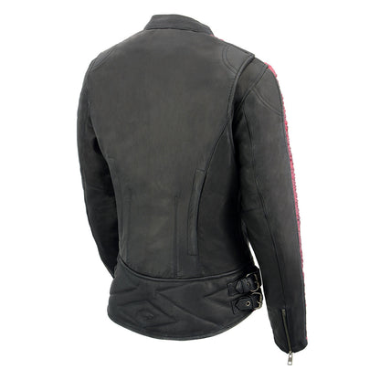 Milwaukee Leather MLL2571 Womens Black and Pink 'Crinkled Arm' Lightweight Racer Jacket