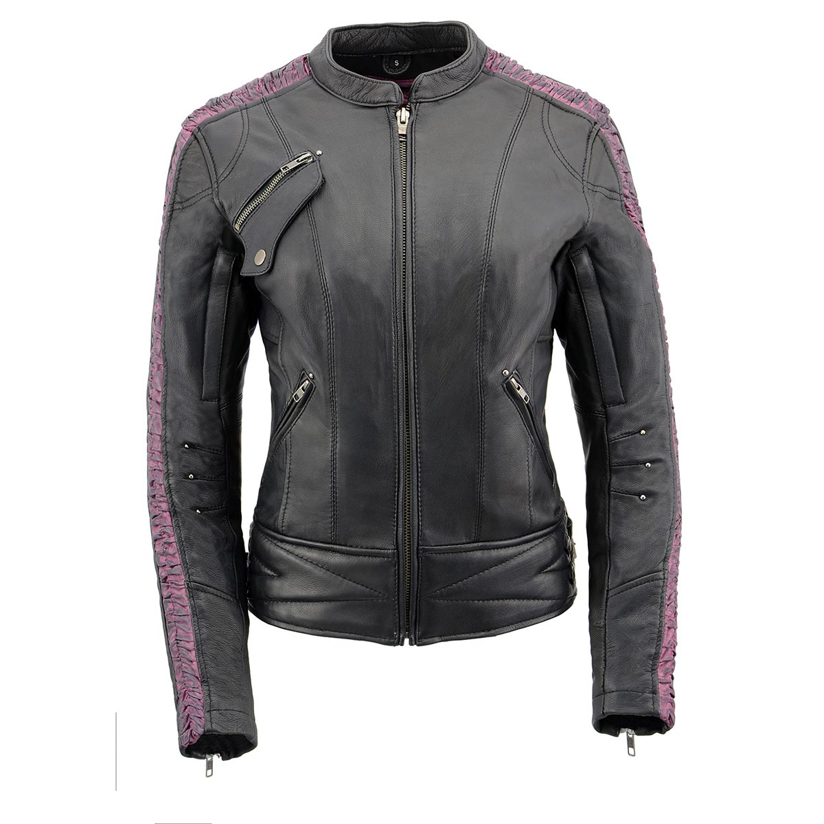 Milwaukee Leather MLL2571 Ladies Black and Purple 'Crinkled Arm' Lightweight Racer Jacket