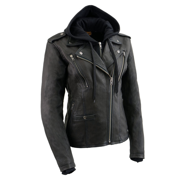 Xelement Gold XS24007 Women's 'Tara' Black Leather Motorcycle Rider 2 in 1  Hoodie Jacket with Convertible Vest