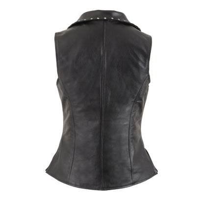 Milwaukee Leather MLL4503 Women's Black V-Neck Leather Classic Motorcycle Rider Vest w/ Riveted Lapel Collar