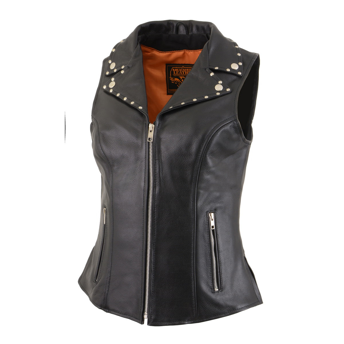 Milwaukee Leather MLL4503 Women's Black V-Neck Leather Classic Motorcycle Rider Vest w/ Riveted Lapel Collar