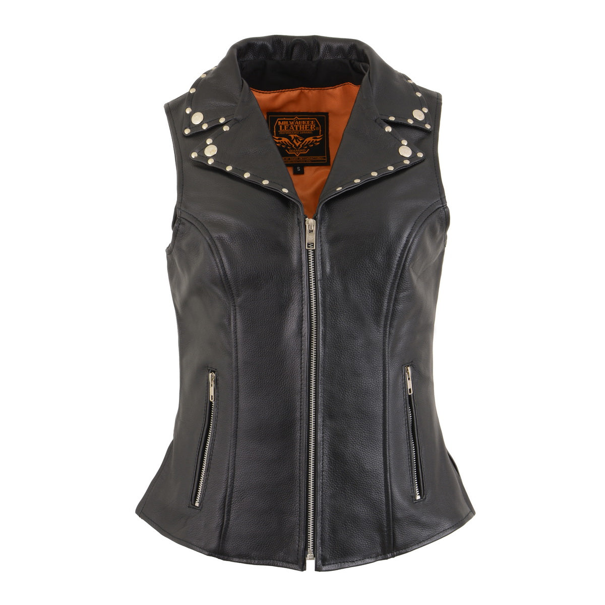 Milwaukee Leather MLL4503 Women's Black V-Neck Leather Classic Motorcycle Rider Vest w/ Riveted Lapel Collar