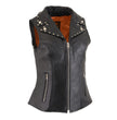 Milwaukee Leather MLL4503 Women's Black V-Neck Leather Classic Motorcycle Rider Vest w/ Riveted Lapel Collar