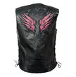 Milwaukee Leather MLL4505 Women's Black Leather Side Lace Motorcycle Rider Vest- Reflective and Studded Pink Wings