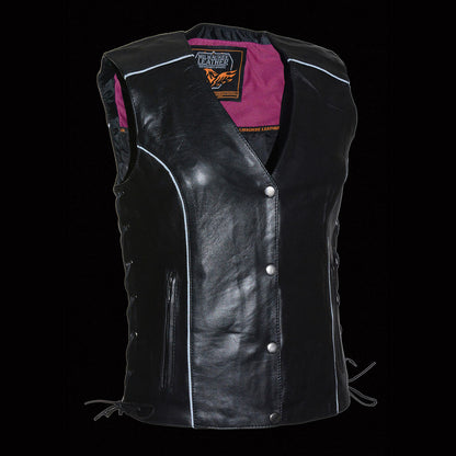 Milwaukee Leather MLL4505 Women's Black Leather Side Lace Motorcycle Rider Vest- Reflective and Studded Pink Wings