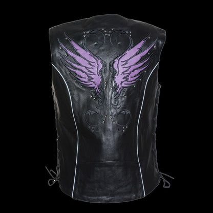 Milwaukee Leather MLL4505 Women's Black Leather Side Lace Motorcycle Rider Vest-Reflective and Studded Purple Wings