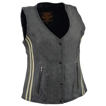 Milwaukee Leather MLL4506 Women's Grey Leather Vintage Slate Snap Front Vest with Racing Stripes