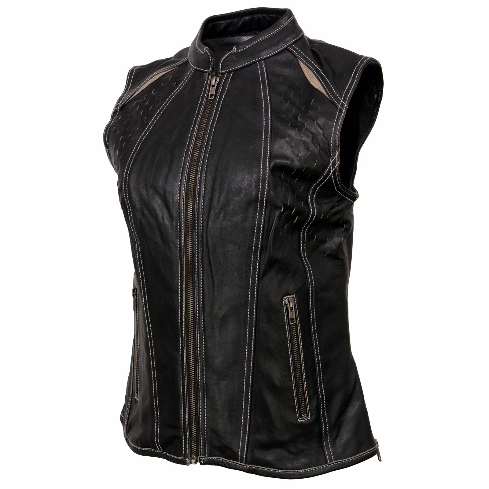 Milwaukee Leather MLL4507 Women's Black Leather Grey Accented Laser Cut Vented Scuba Style Motorcycle Rider Vest