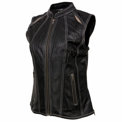 Milwaukee Leather MLL4507 Women's Black Leather Orange Accented Laser Cut Vented Scuba Style Motorcycle Rider Vest