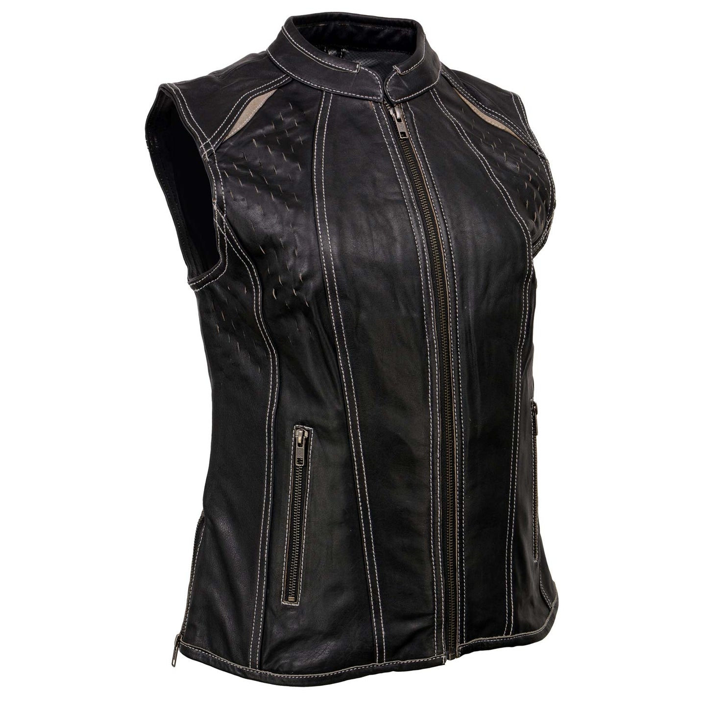 Milwaukee Leather MLL4507 Women's Black Leather Grey Accented Laser Cut Vented Scuba Style Motorcycle Rider Vest