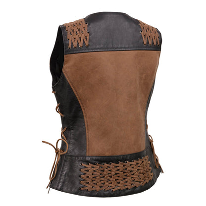 Milwaukee Leather Women's Smoocher Vintage Two Tone Crazy Horse Brown and Black Leather Club Style Motorcycle Vest MLL4509