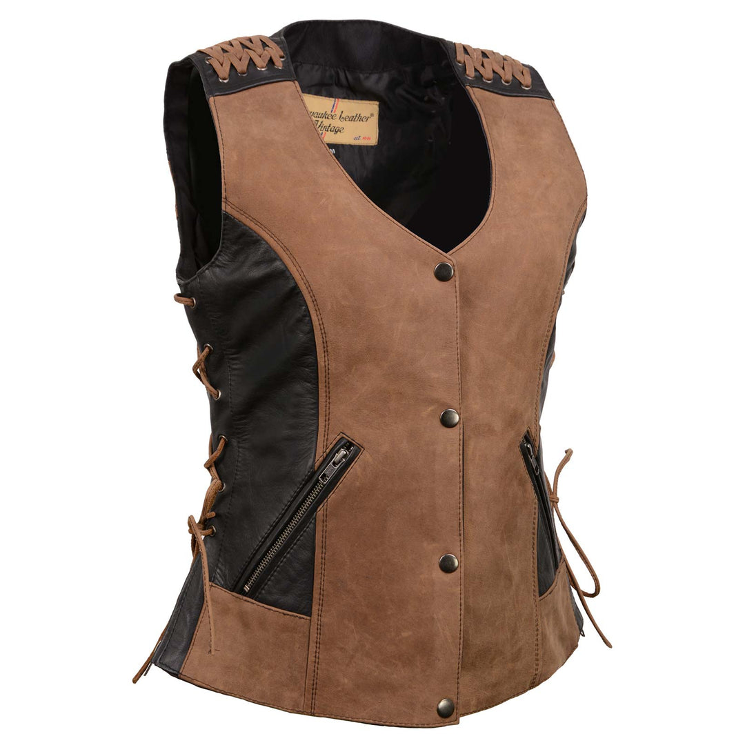 Milwaukee Leather Women's MLL4509 Smoocher Two Tone Crazy Horse Brown and Black Leather Club Style Motorcycle Vest