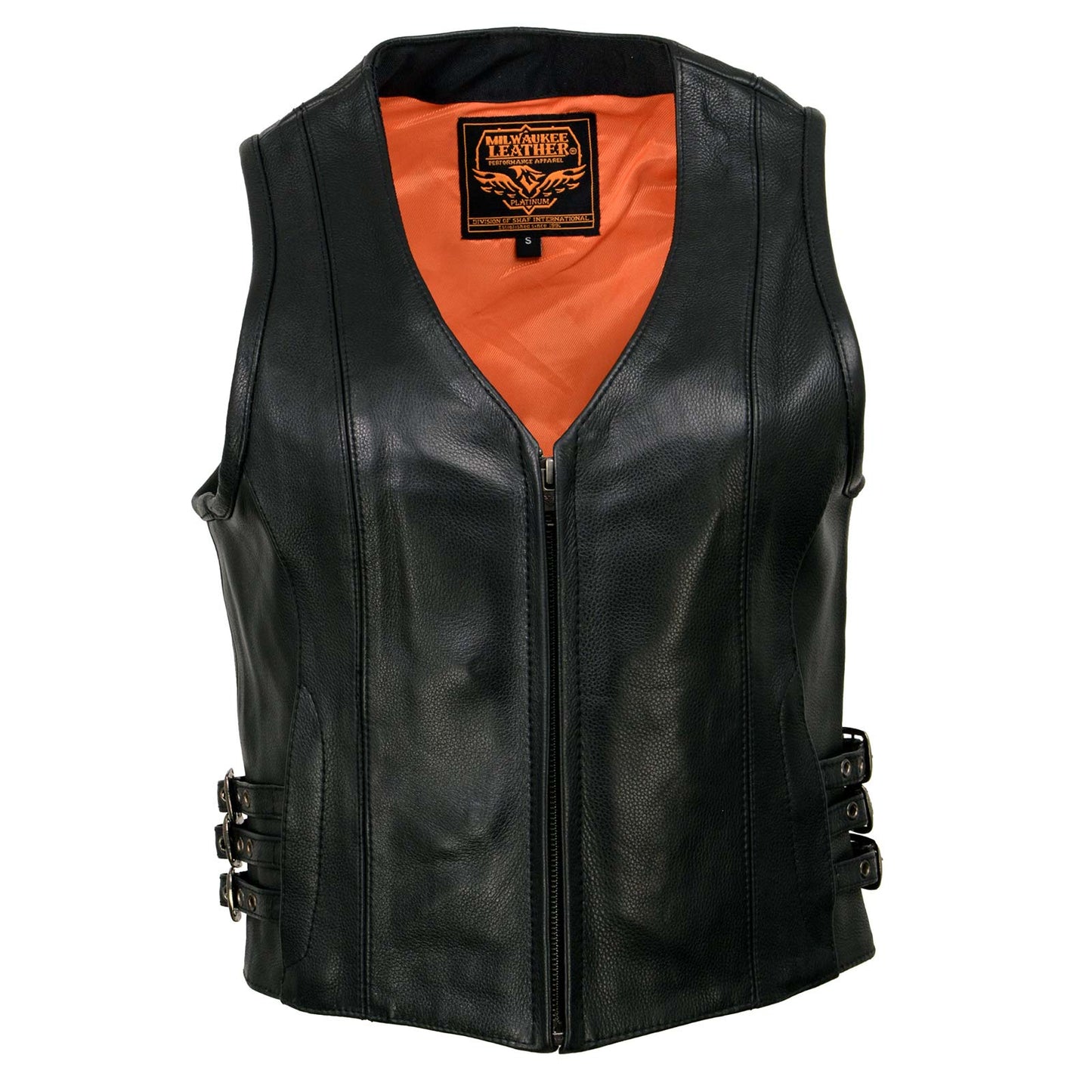 Milwaukee Leather MLL4510 Women's Black Premium Leather Side Buckle Motorcycle Rider Vest with Front Zip Closure