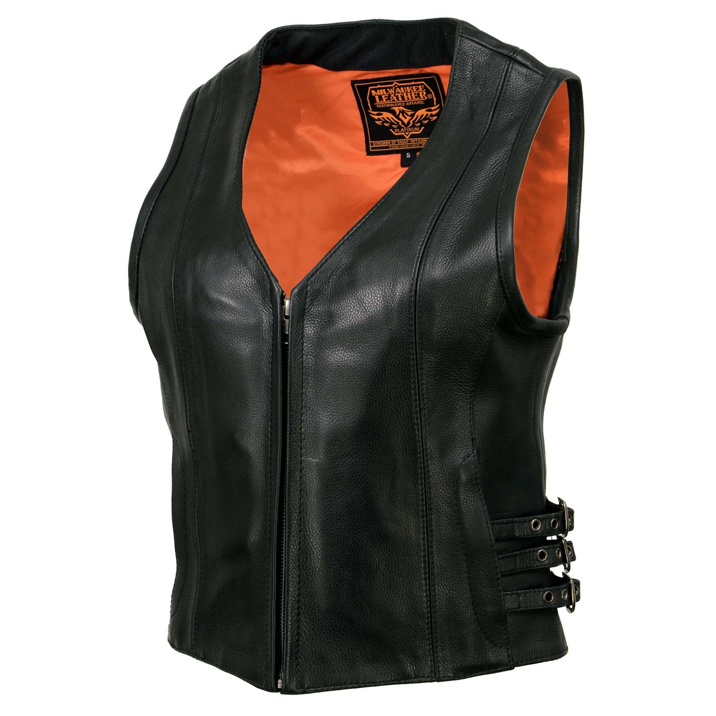 Milwaukee Leather MLL4510 Women's Black Premium Leather Side Buckle Motorcycle Rider Vest with Front Zip Closure