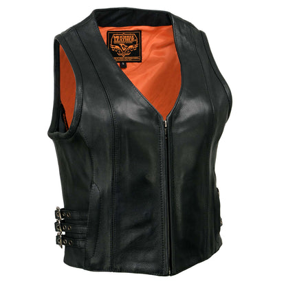 Milwaukee Leather MLL4510 Women's Black Premium Leather Side Buckle Motorcycle Rider Vest with Front Zip Closure