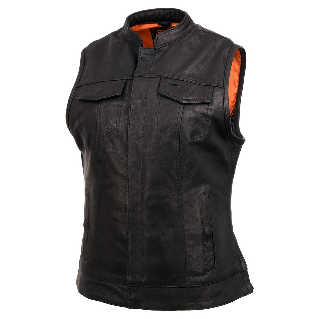 Milwaukee Leather MLL4512 Women’s Lashes Black Leather Club Style Motorcycle Rider Vest w/ Concealed Closure