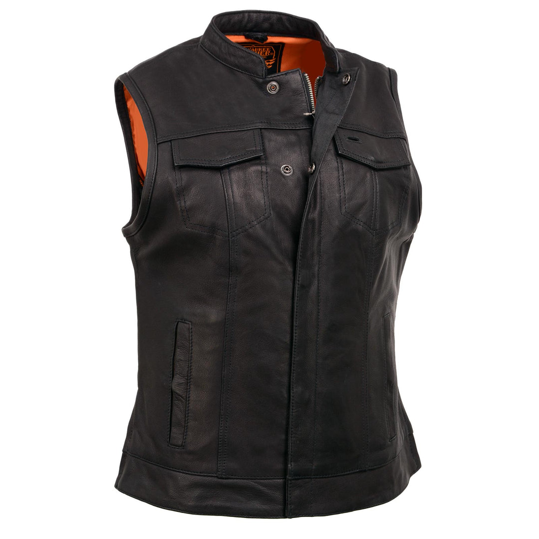 Milwaukee Leather MLL4512 Women’s Lashes Black Leather Club Style Motorcycle Rider Vest w/ Concealed Closure