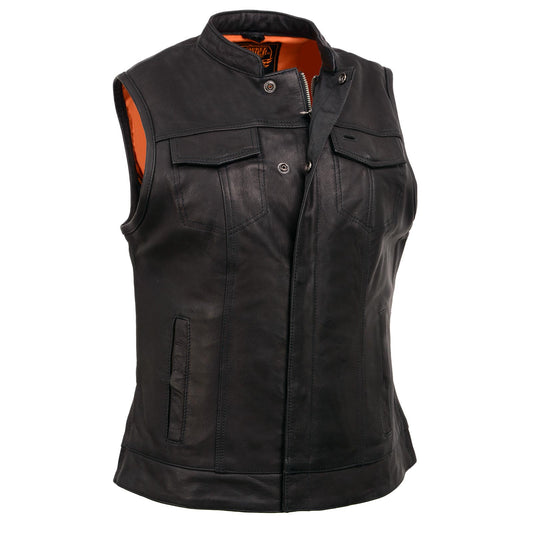 Milwaukee Leather MLL4512 Women’s Lashes Black Leather Club Style Motorcycle Rider Vest w/ Concealed Closure