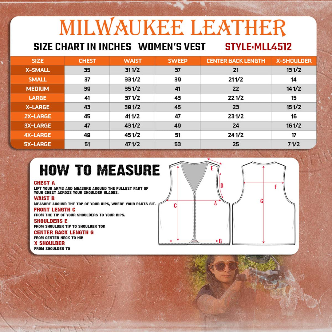 Milwaukee Leather MLL4512 Women’s Lashes Black Leather Club Style Motorcycle Rider Vest w/ Concealed Closure