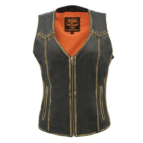 Milwaukee Leather MLL4527 Women's Stretch Side Panel Distress Brown Leather Motorcycle Rider Vest w/ Lacing Detail