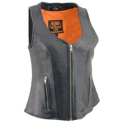 Milwaukee Leather MLL4530 Women's Open Neck Front Zipper Black Leather Vest