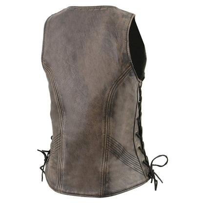 Milwaukee Leather MLL4531 Women's Distress Brown Leather Open V-Neck Motorcycle Rider Vest with Side Lace