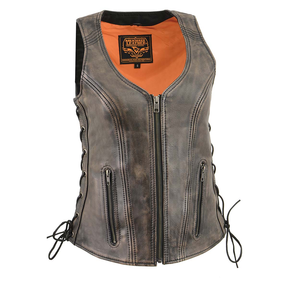 Milwaukee Leather Women's Distress Brown Leather V-Neck Motorcycle Rider Vest with Side Lace MLL4531