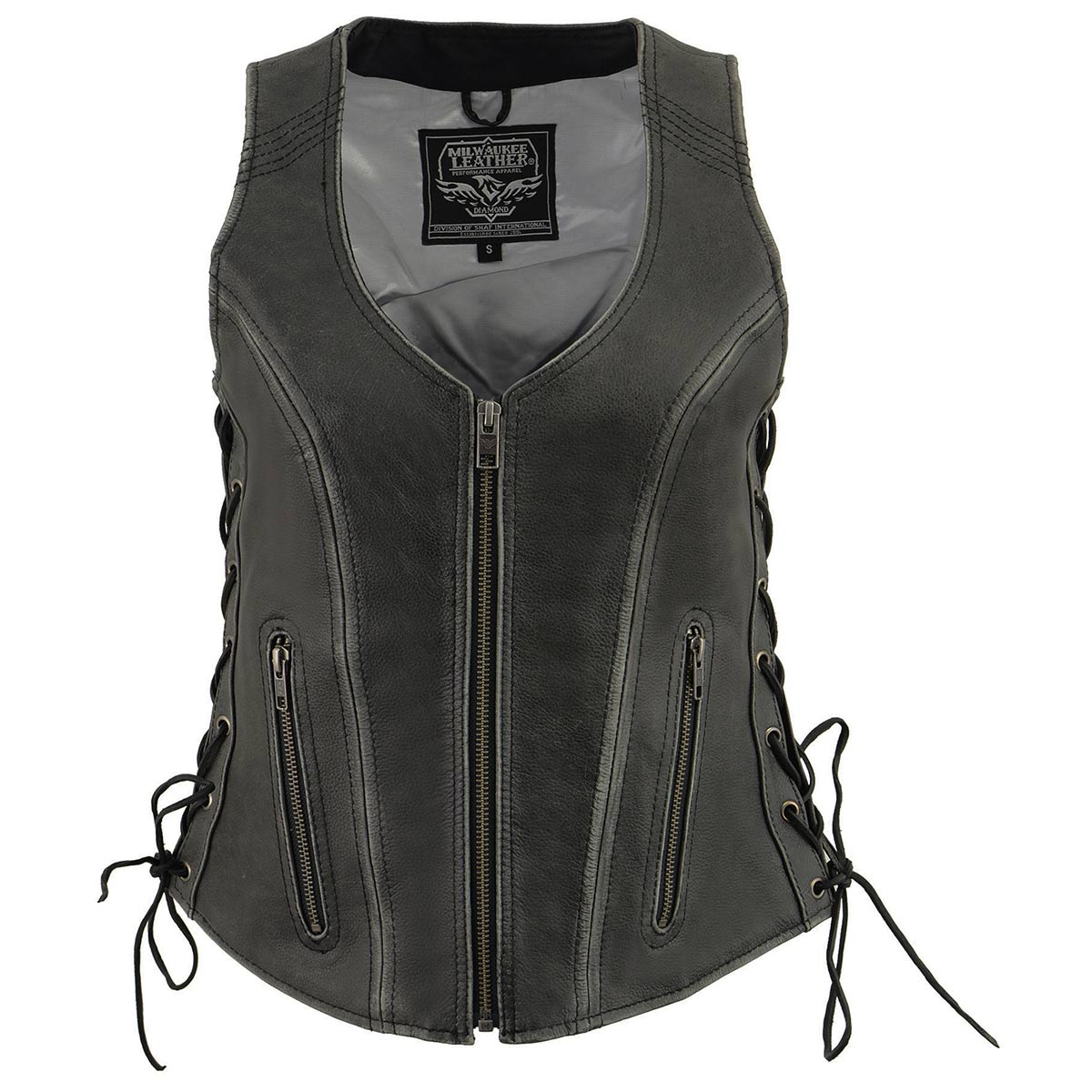 Milwaukee Leather Women's V-Neck Distress Grey Premium Leather Motorcycle Rider Vest w/ Side Laces MLL4531