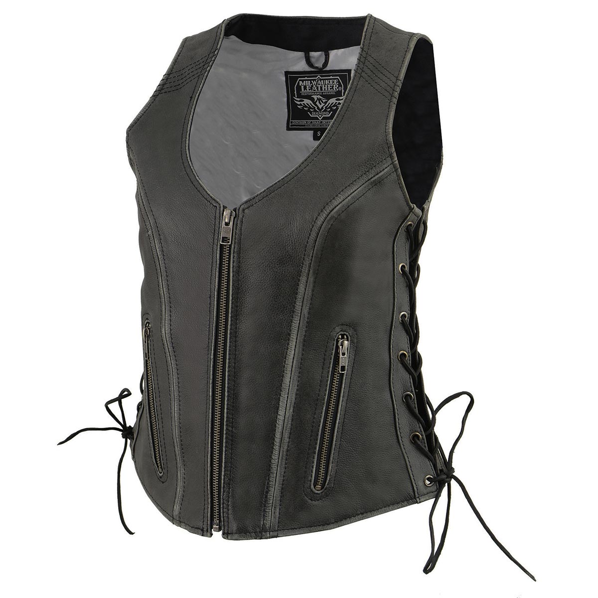 Milwaukee Leather Women's V-Neck Distress Grey Premium Leather Motorcycle Rider Vest w/ Side Laces MLL4531