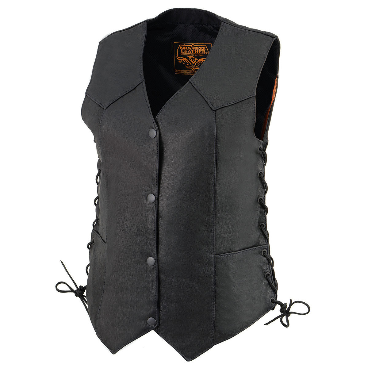 Milwaukee Leather MLL4545 Women's Black Premium Leather Lightweight Classic 4-Snap V-Neck Motorcycle Rider Vest