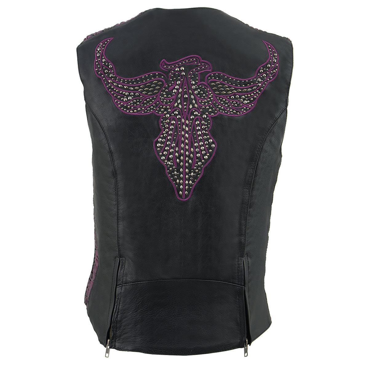 Milwaukee Leather MLL4570 Women's Studded Phoenix Black/Purple Leather Motorcycle Vest w/ Embroidery Art