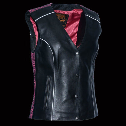 Milwaukee Leather MLL4570 Women's Studded Phoenix Black/Fuchsia Leather Motorcycle Vest w/ Embroidery Art