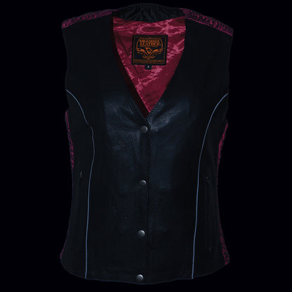 Milwaukee Leather MLL4570 Ladies Black and Fuchsia 'Studded Phoenix' Leather Vest