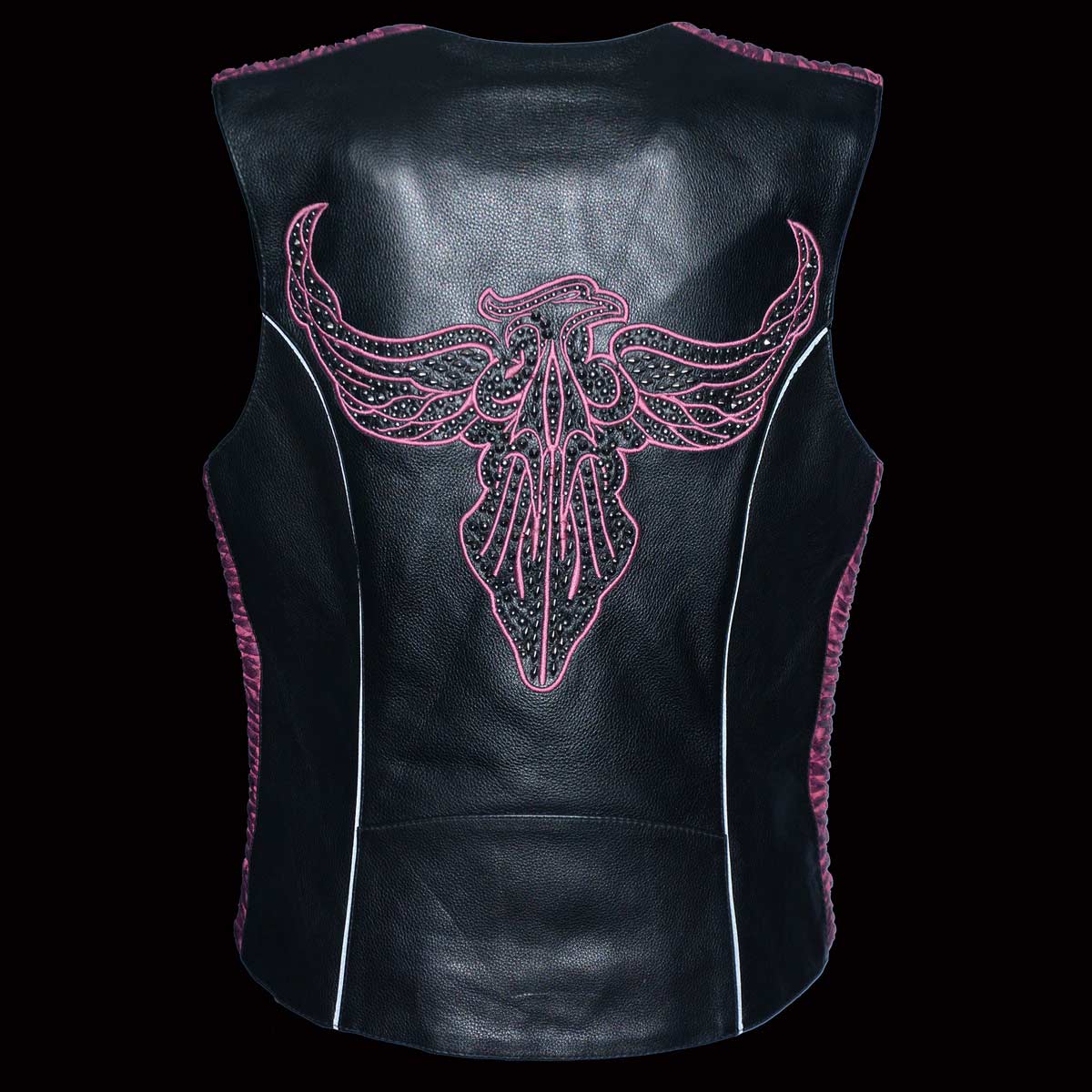 Milwaukee Leather MLL4570 Women's Studded Phoenix Black/Fuchsia Leather Motorcycle Vest w/ Embroidery Art