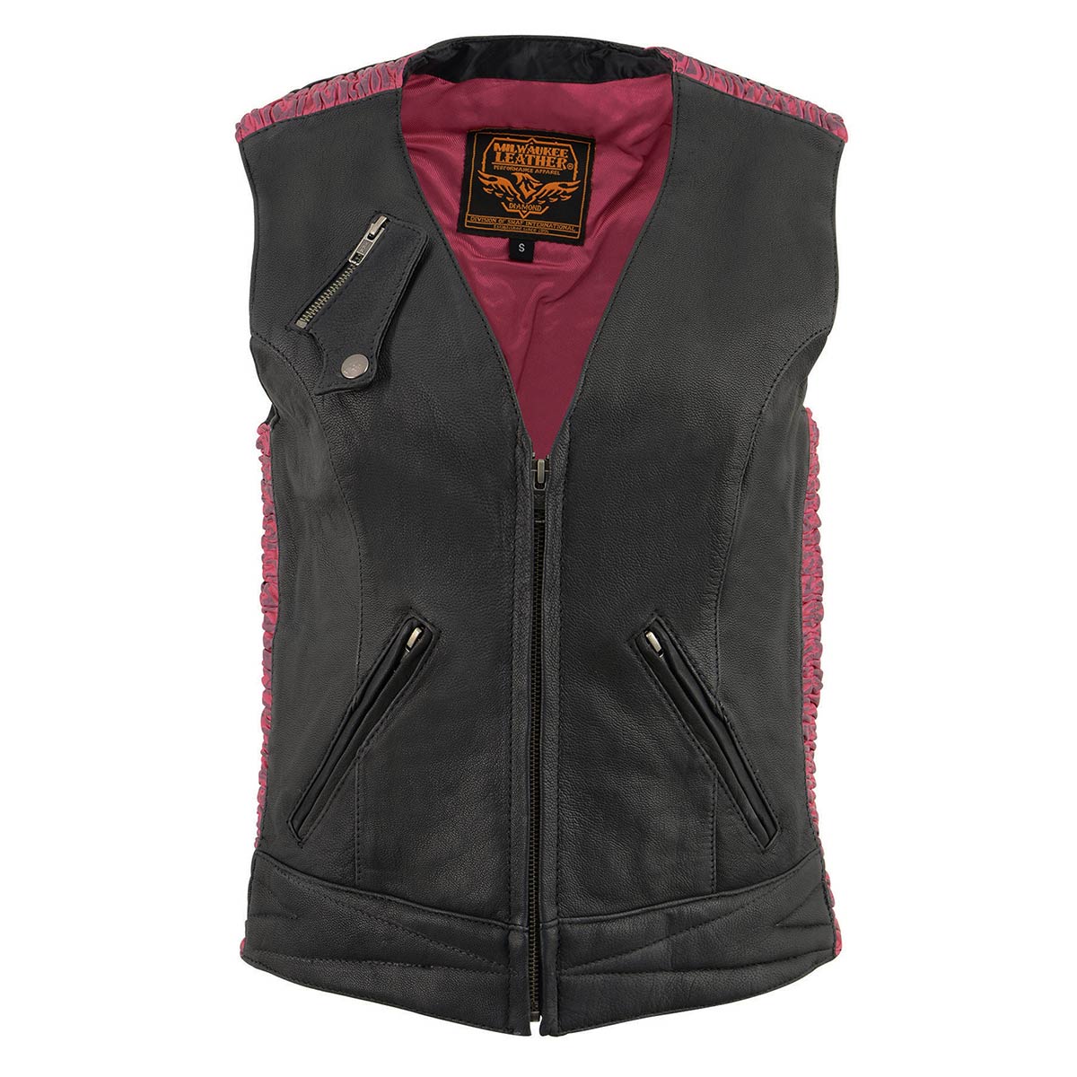 Milwaukee Leather MLL4571 Women's Black and Pink Lightweight Motorcycle Leather Vest w/ Crinkled Leather Design