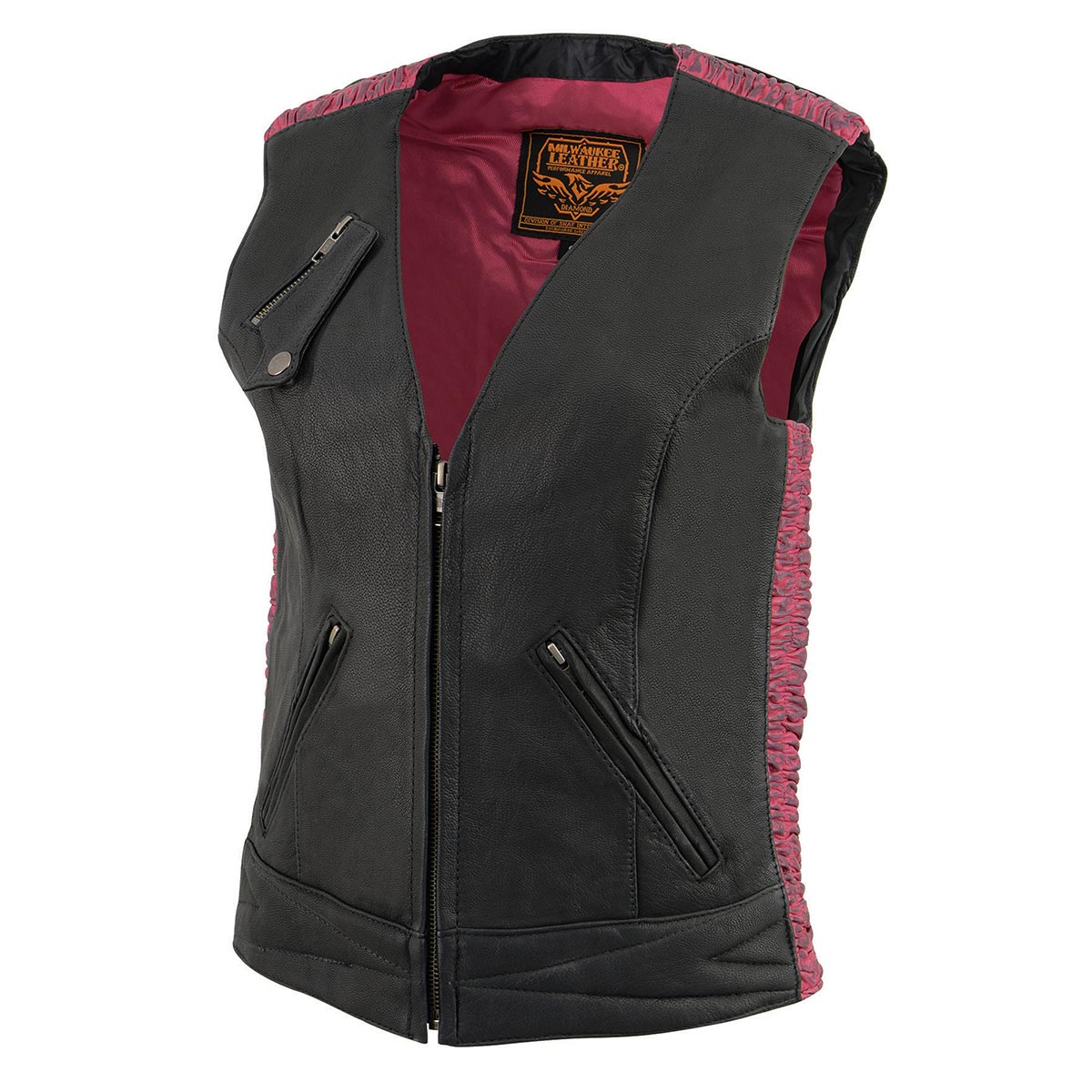 Milwaukee Leather MLL4571 Women's Black and Pink Lightweight Motorcycle Leather Vest w/ Crinkled Leather Design