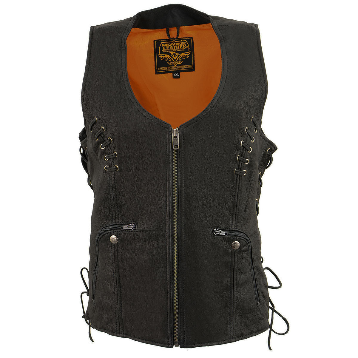 Milwaukee Leather MLL4575 Women's Classic V-Neck Black Leather Motorcycle Rider Vest w/ Adjustable Side Laces