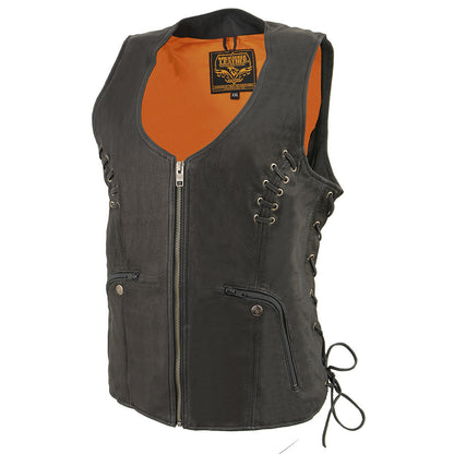 Milwaukee Leather MLL4575 Women's Classic V-Neck Black Leather Motorcycle Rider Vest w/ Adjustable Side Laces