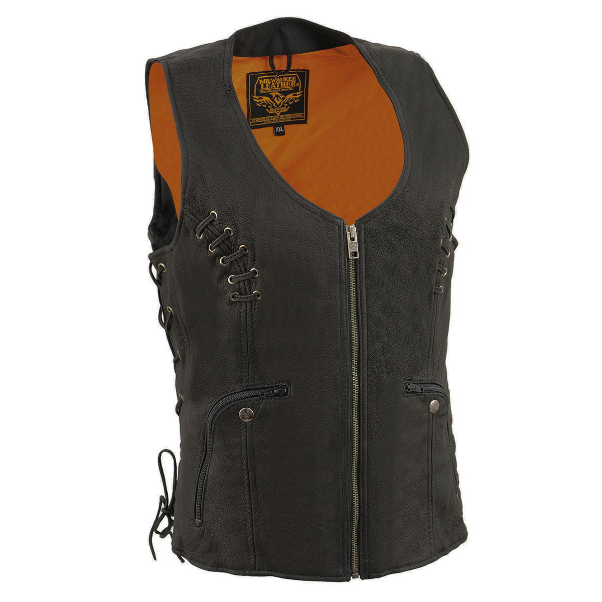 Milwaukee Leather MLL4575 Women's Classic V-Neck Black Leather Motorcycle Rider Vest w/ Adjustable Side Laces