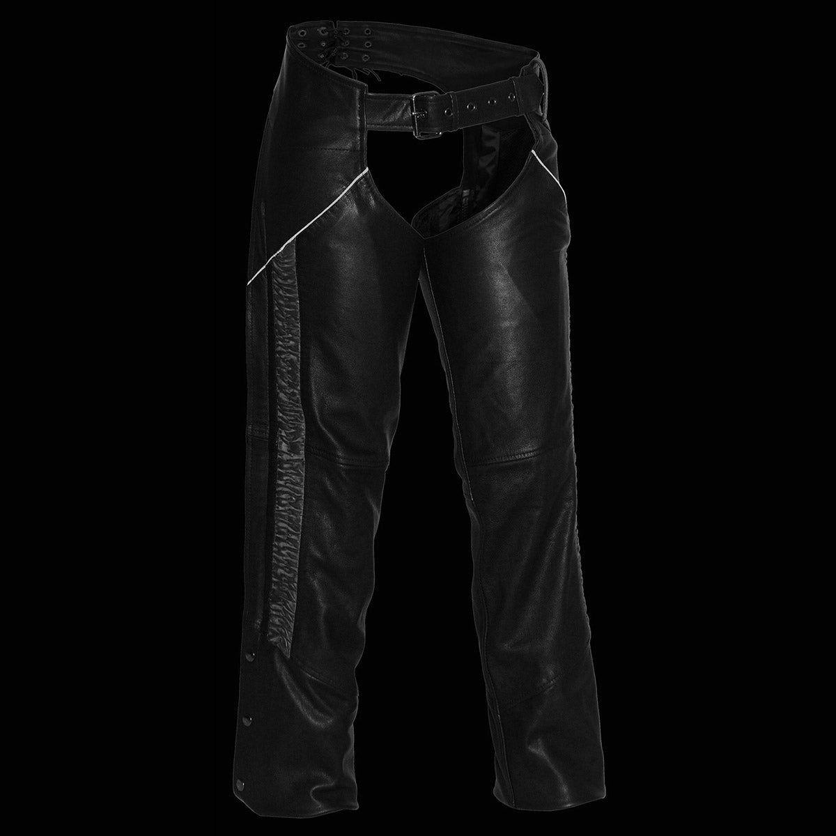 Milwaukee Leather Women's Black Leather Hip Set Motorcycle Chaps w/ Crinkled Leg Striping MLL6500