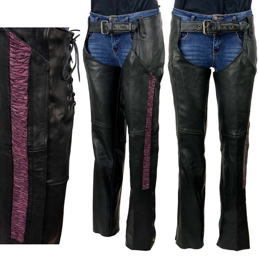 Milwaukee Leather Women's Black Premium Leather Motorcycle Rider Chaps w/ Purple Crinkled Stripes-Reflective Trim MLL6500