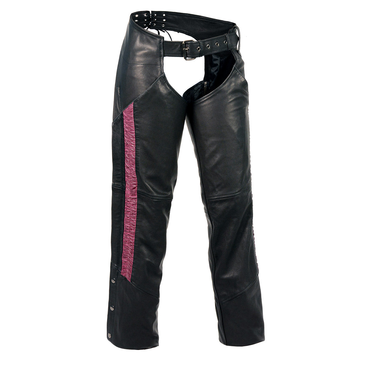 Milwaukee Leather Women's Black and Fuchsia Leather Hip Set Chaps w/ Crinkled Leg Striping MLL6500