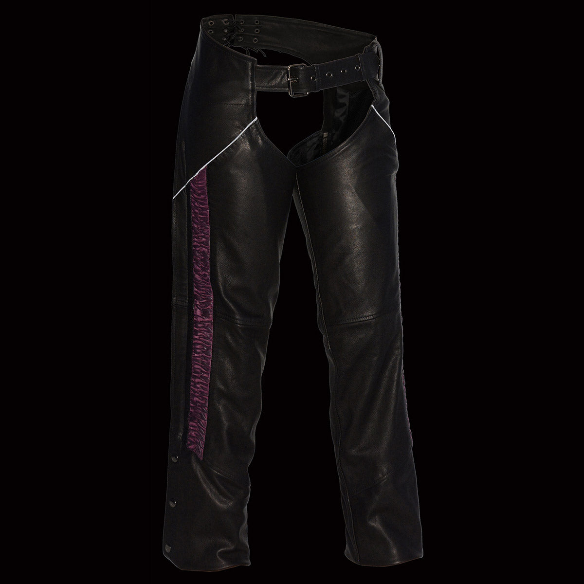 Milwaukee Leather Women's Black Premium Leather Motorcycle Rider Chaps w/ Purple Crinkled Stripes-Reflective Trim MLL6500