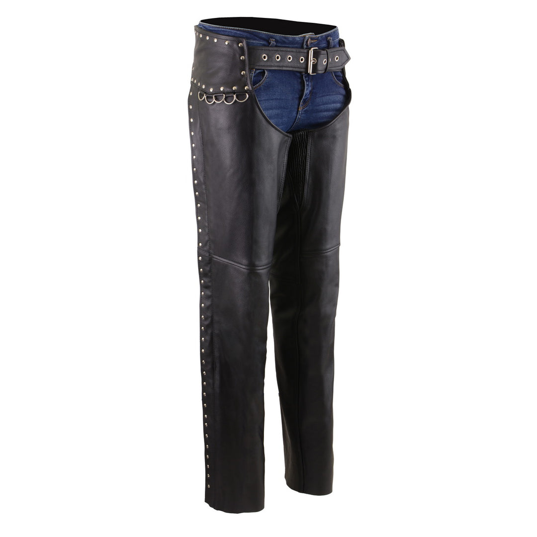 Milwaukee Leather Women's Rivet Rose Black Leather Motorcycle Chaps w/ Rivet and D-Ring Accents - MLL6503