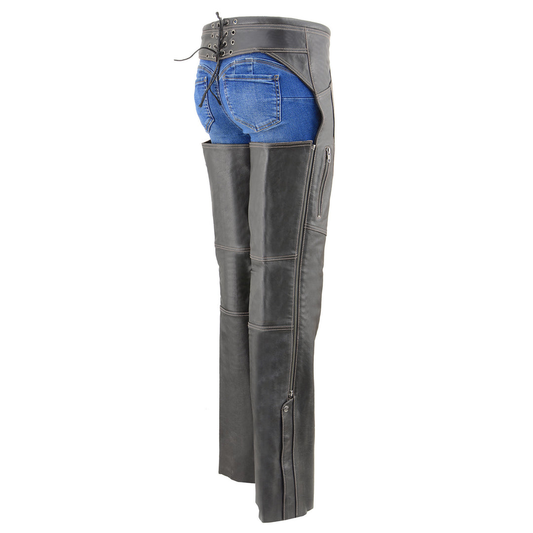 Milwaukee Leather Chaps for Women Black and Grey Premium Skin Laser Cut Accent Stitching Motorcycle Chap - MLL6525