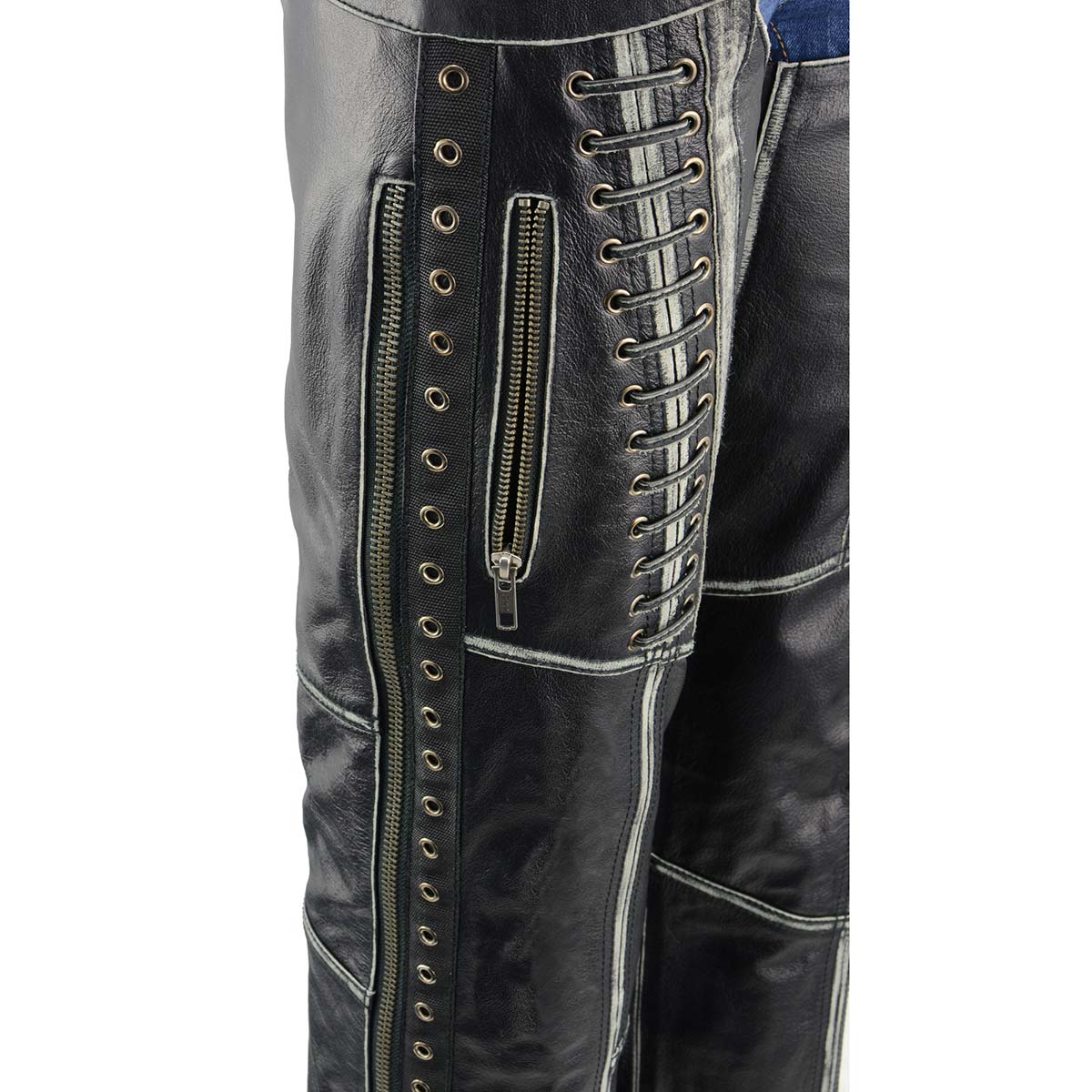 Milwaukee Leather Premium Black Leather Motorcycle Chaps for Women w/ Rubbed Seams-Lace Detail MLL6526