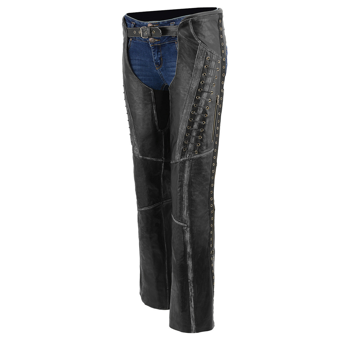 Milwaukee Leather Premium Black Leather Motorcycle Chaps for Women w/ Rubbed Seams-Lace Detail MLL6526