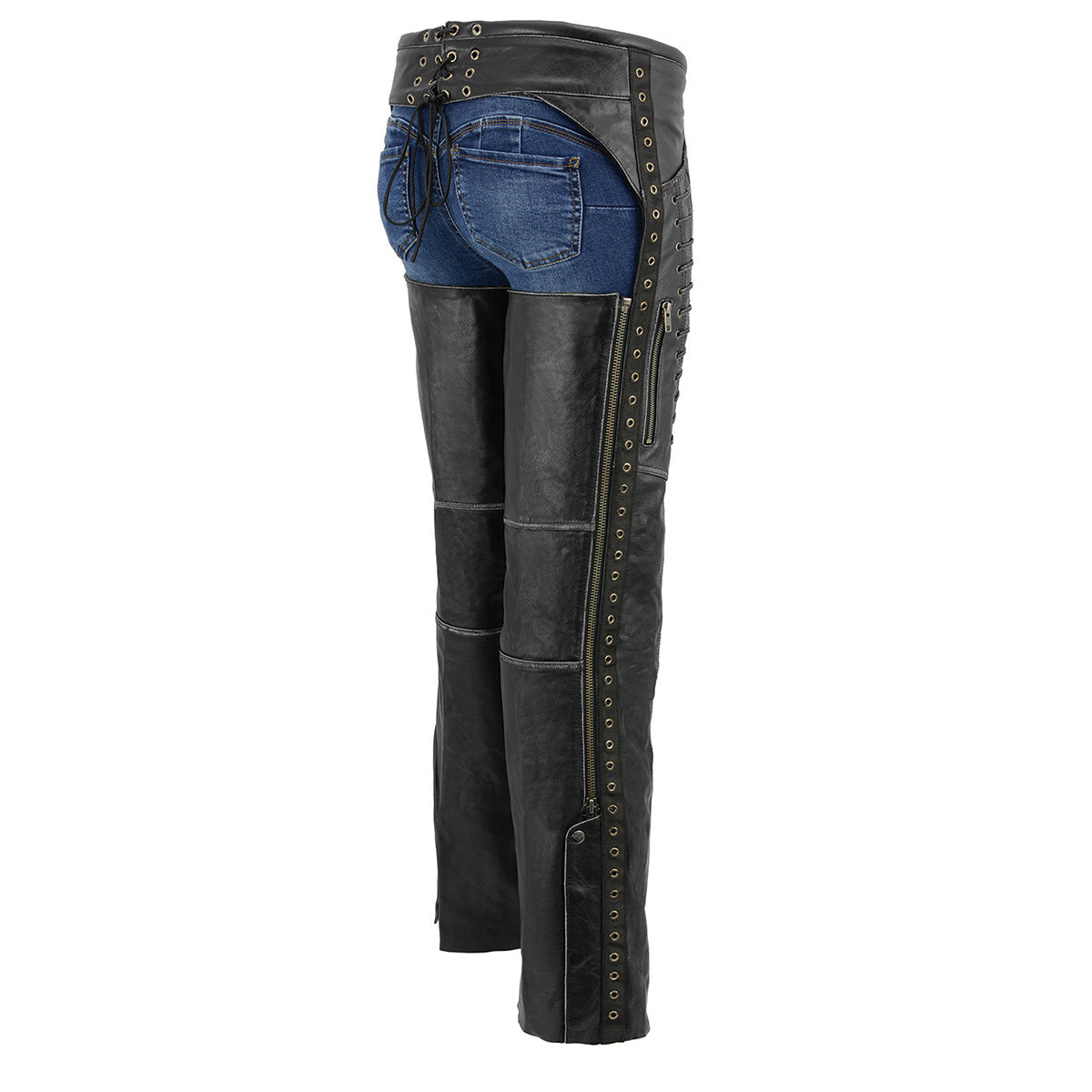 Milwaukee Leather Premium Black Leather Motorcycle Chaps for Women w/ Rubbed Seams-Lace Detail MLL6526