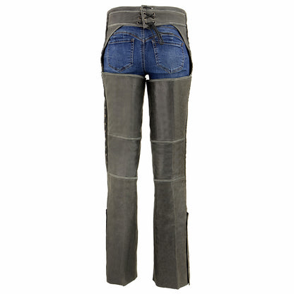 Milwaukee Leather Chaps for Women Distress Grey Premium Skin- Accent Lace Grommet Details Motorcycle Chap- MLL6536